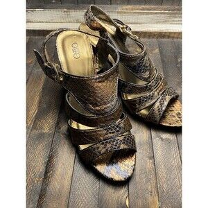 Cato Women's Sz 8 Brown Snake Skin Pattern Open Toe Wood Heel Shoes